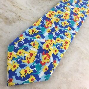 Georges Duboeuf Abstract Floral Silk Tie in Yellow and Blue